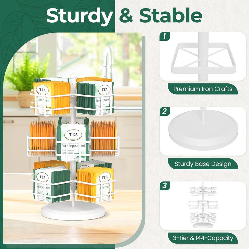 EsLuker.ly Tea Bag Holder Organizer for Counter 3 Tier Metal Tea Bag Storage Rack, Spinning Carousel Tea Packet Display Stand, Tea Organizer Station with Easy Access for Kitchen Office, White - Image 3